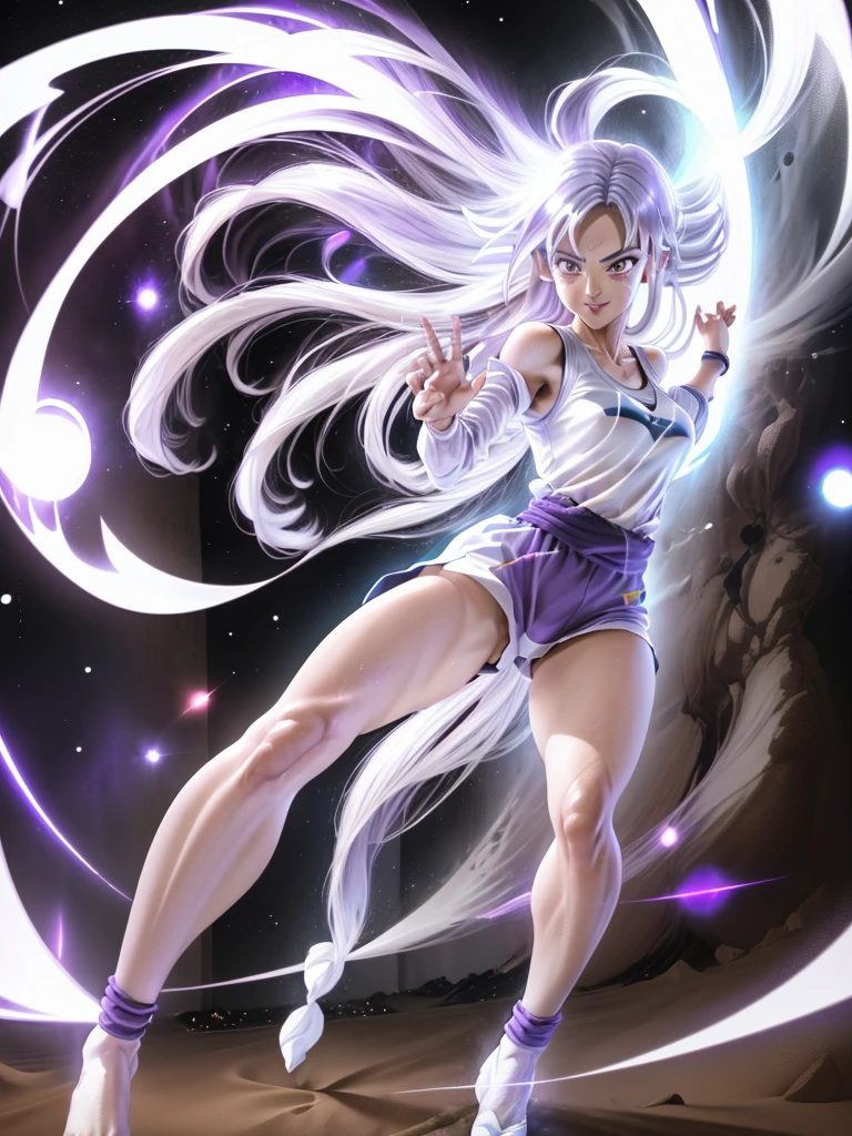 8k, 3D, Best Quality, realist, Victoria Villarruel dressed as Goku, combat pose, bright purple clothes, ultrainstinct mode, ultrainstinct aura, very bright silver eyes, white aura around body, long straight shiny white hair, floating hair raised, high, slim figure with wide hips, serious expression, grin. outdoor, clearing, plain, desert.