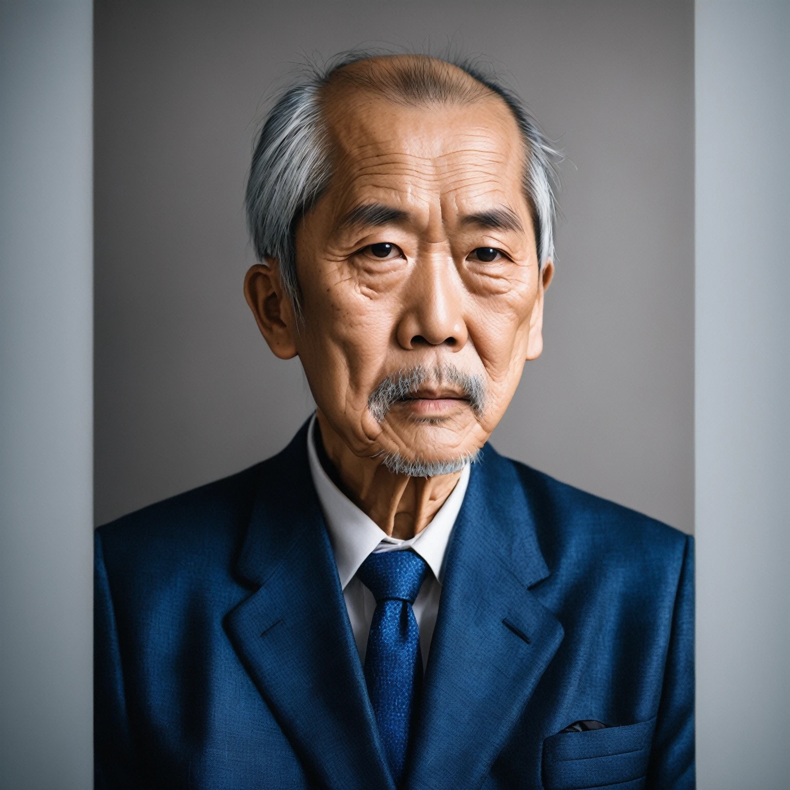 photo of an (asian) old man with a grey hair and a dark blue suit, portrait, color portrait, profile portrait, single portrait, simple background looking at viewer