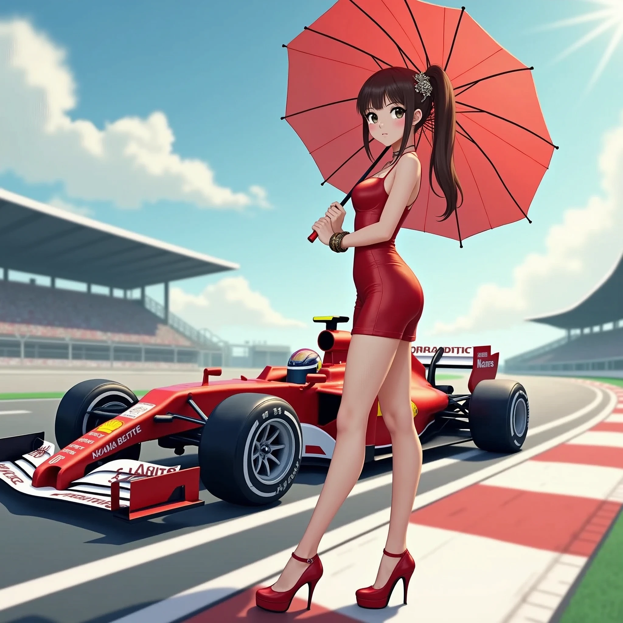 F1 Race Circuit。One young Japanese race queen。Standing with a parasol in front of a race car。The costume you&#39;re wearing、separate。I have a bangle on my arm。Background、Sparkling in the summer sun。Anime Style。Looking from afar。Beautiful legs are attractive。whole body。Head to toe images。Shoes with high heels