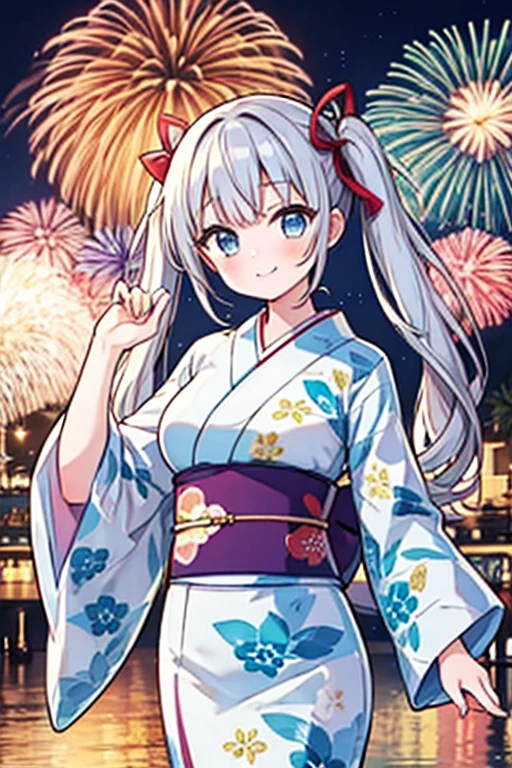 Highest quality,masterpiece,cute,One girl,Twin tails,bionde,Blue eyes,Japanese Yukata,Summer festival,stall,Hair Ribbon,Large Breasts,fun,smile,Fireworks display