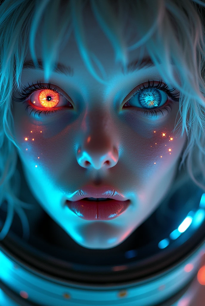 (Close-up of a better masterpiece:1.5)0.9], (Space and astronauts:1.2) (Messy silver hair:1.1) (Heterochromia xanthochromia and blue eyes:1.2) (Space Helmet:1.0) (Colored stars in the eyes:1.0) (A radiant glow:1.1) (thick lips:0.9)