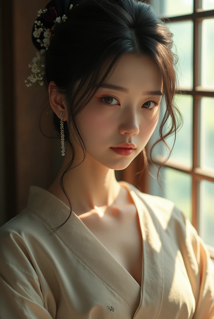 An elegantly dressed Japanese woman in natural light、A close-up of her chest and calm expression.、It shows her inner peace and outer charm.。