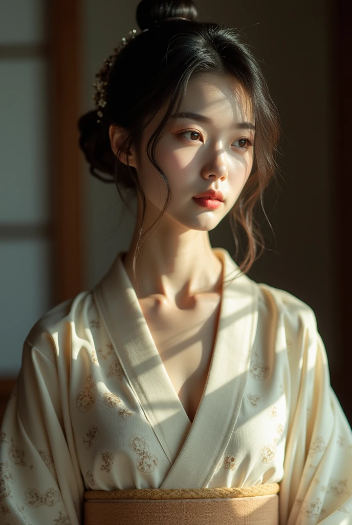 An elegantly dressed Japanese woman in natural light、A close-up of her chest and calm expression.、It shows her inner peace and outer charm.。