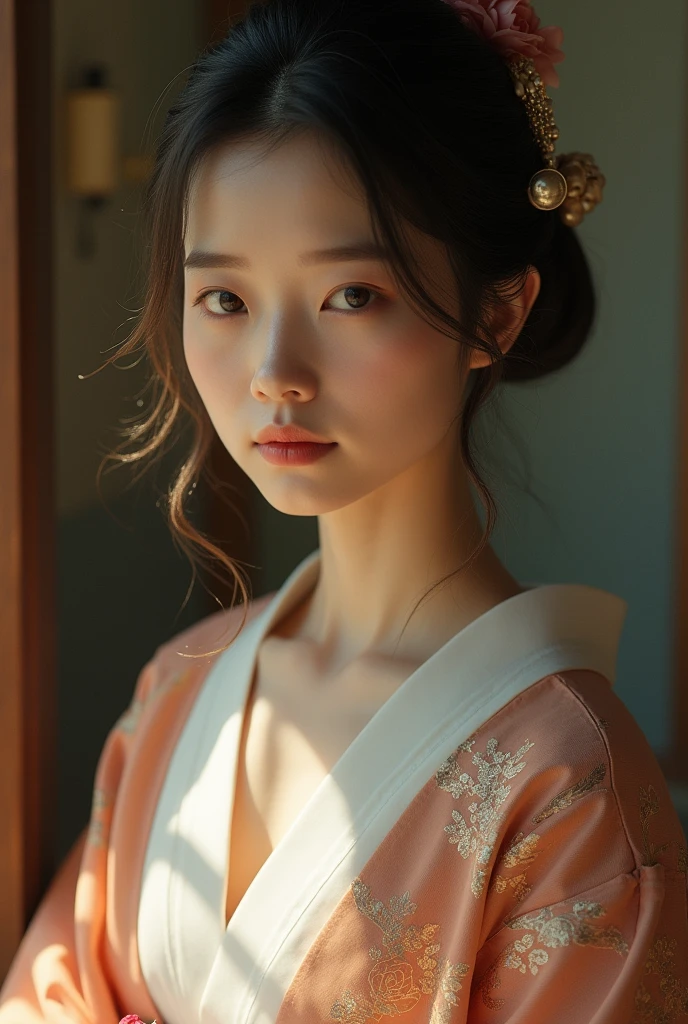 An elegantly dressed Japanese woman in natural light、A close-up of her chest and calm expression.、It shows her inner peace and outer charm.。