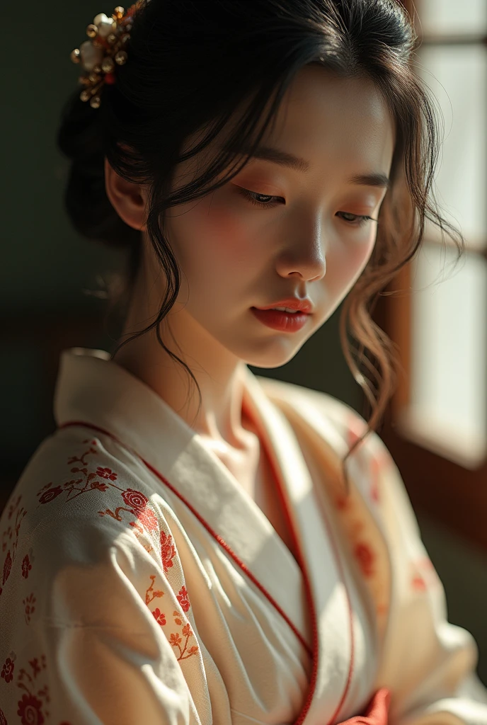 An elegantly dressed Japanese woman in natural light、A close-up of her chest and calm expression.、It shows her inner peace and outer charm.。