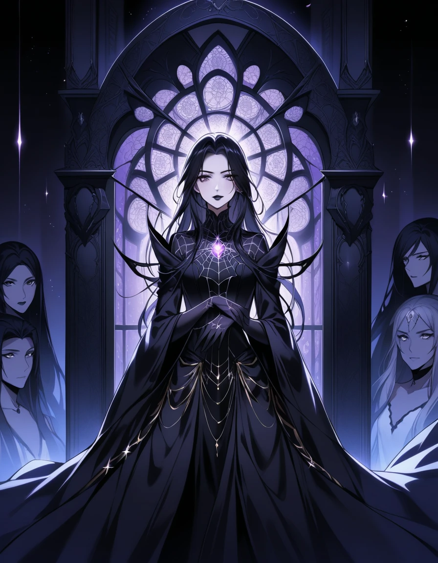 Madame Spider sits in a dimly lit, ornate chamber amidst the solemn faces of her deceased husbands' portraits. Her raven-black hair cascades down her back like a waterfall of night, framing her striking features. Black eyes sparkle with mischievous intent beneath arched eyebrows, while black lips curve into a wicked smile. The kimono's white spider web pattern seems to shimmer in the faint light, as if infused with an otherworldly glow. Madame Spider's beauty is undeniable, yet it's tempered by an air of malevolent allure, inviting the viewer to succumb to her charms.