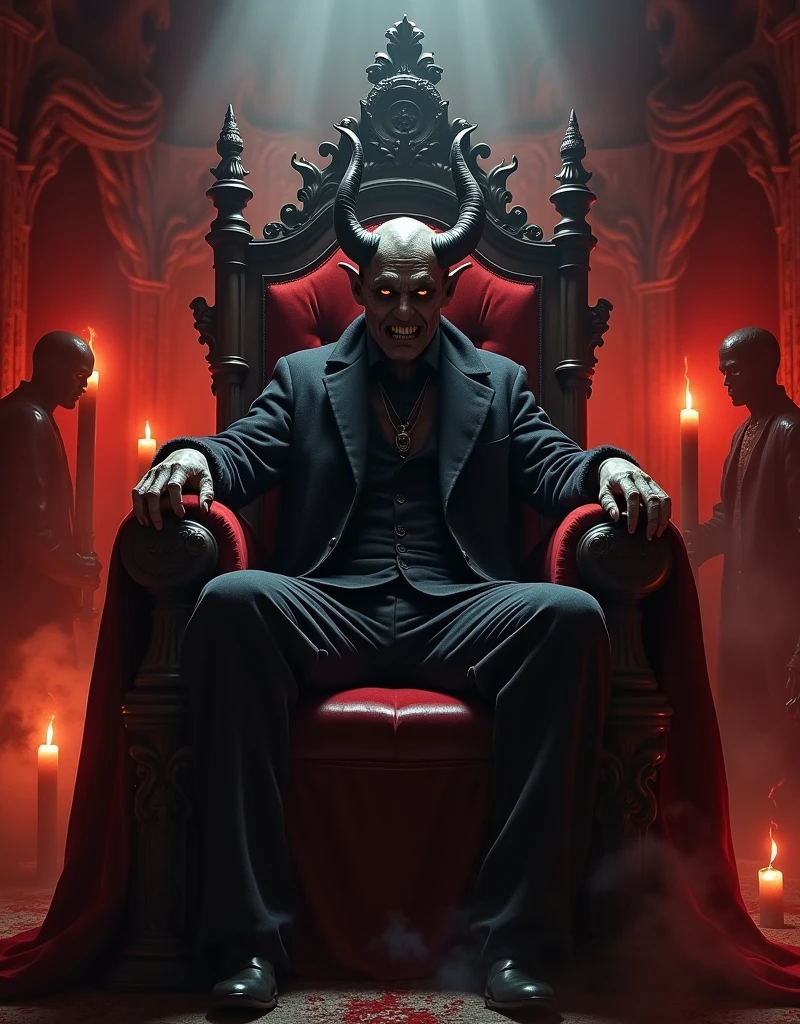 (devil,prince of hell,sits on throne), dark red velvet material,evil grin and piercing eyes, in a dimly lit chamber with flickering candlelight,smoke and shadows, surrounded by tortured souls, creepy atmosphere, Gothic art style, dark and intense color palette, dramatic lighting