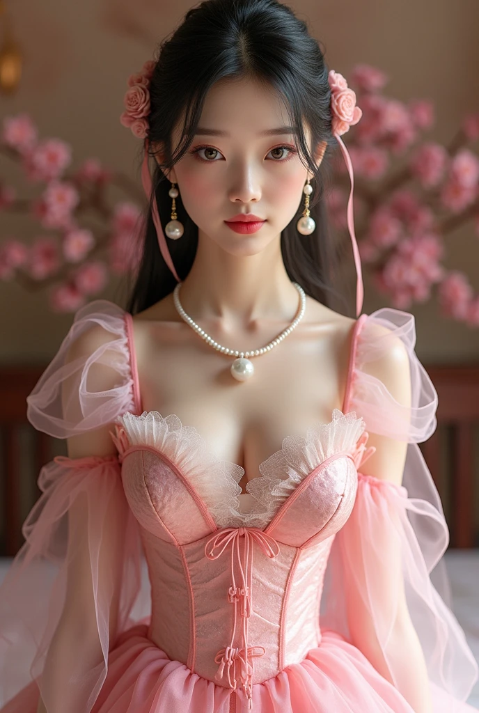 An elegant, mature young woman wearing a pink lolita outfit。Full body front view、Asian、The skin is relatively white、Luxurious clothing、Silky transparent lace on the clothes、Gold wire trim、Jewelry decoration、A pearl necklace hangs around her neck。