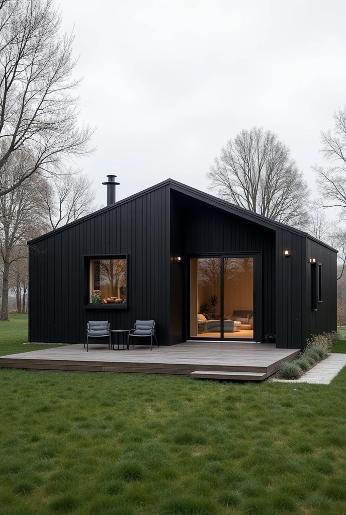 black single-storey house, Scandinavian style, 90 square meters, black windows