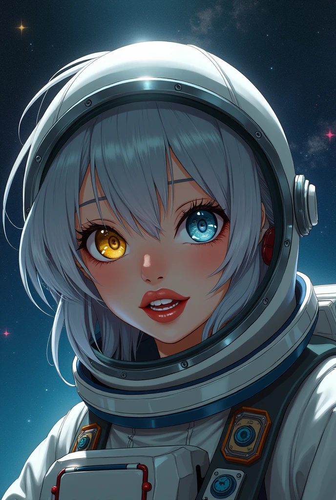 A closer look at a better masterpiece：1.5)0.9]、(Space and astronauts：1.2) (Disheveled silver hair：1.1) (Heterochromia and Yellow and Blue Eyes：1.2) (Space Helmet：1.0) (Colored stars in the eyes：1.0) (Shining Light：1.1) (Thick lips：0.9)