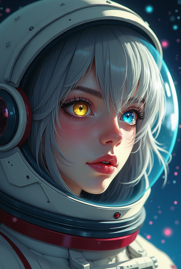 A closer look at a better masterpiece：1.5)0.9]、(Space and astronauts：1.2) (Disheveled silver hair：1.1) (Heterochromia and Yellow and Blue Eyes：1.2) (Space Helmet：1.0) (Colored stars in the eyes：1.0) (Shining Light：1.1) (Thick lips：0.9)