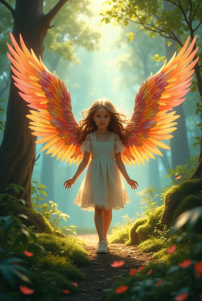 Create a girl having birds wings ,vivid wings , beautiful forest background, 