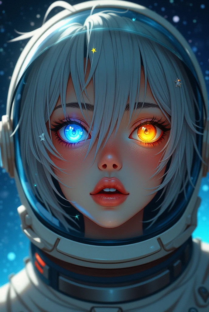 A closer look at a better masterpiece：1.5)0.9]、(Space and astronauts：1.2) (Disheveled silver hair：1.1) (Heterochromia and Yellow and Blue Eyes：1.2) (Space Helmet：1.0) (Colored stars in the eyes：1.0) (Shining Light：1.1) (Thick lips：0.9)