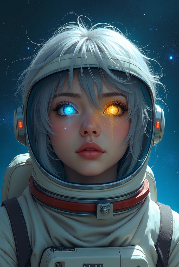 A closer look at a better masterpiece：1.5)0.9]、(Space and astronauts：1.2) (Disheveled silver hair：1.1) (Heterochromia and Yellow and Blue Eyes：1.2) (Space Helmet：1.0) (Colored stars in the eyes：1.0) (Shining Light：1.1) (Thick lips：0.9)