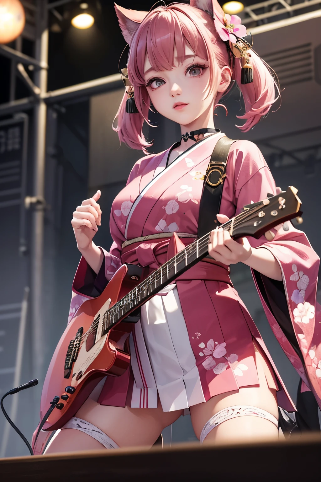 masterpiece, best quality, very detailed, high resolution, expensive resolution, high resolution, 4K, 8k, Unity 8k wallpaper, highly detailed CG, masterpiece, 2D, 3D, beautiful details, depth, fine texture, best quality: 1.3, perfect focus, crispy skin, he,
Very cute anime girl, girl playing guitar vocals in a band wearing a Japanese fancy floral haori hakama, on outdoor stage, full body, expensive pink and black short twin tail hair, mole under eye, looking at the viewer, expensive, blush, mole, lips open, , heart choker, pink eyes, guitar vocals, stage
