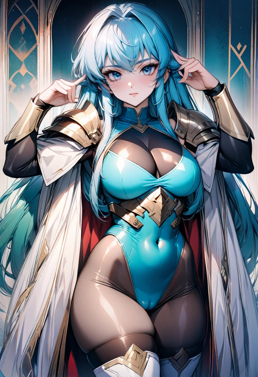 ((highest quality)), ((masterpiece)), ((hyperrealistic)), 1girl, ((thicc)), ((skindantation: 1.2)), perfect face, ((Langrisser)), ((Paladin)), ((skin-tight turquoise green leotard: 1.4)), ((breastplate)), ((skin-tight black Investigator Bodystocking)), ((armored dress)), ((shoulder armor)), ((long coat cloak)), (long gauntlet gloves), ((white hair straight long hair)), ((large breasts)), (pantyhose thighs), (white knee-high boots), (high heel boots), ((see through cleavage cutout)), ((see through navel cutout)), zettai ryouiki, ultra high leg cut, Cameltoe, beautiful blue eyes, Perfect hands, perfect fingers, stylish pose,