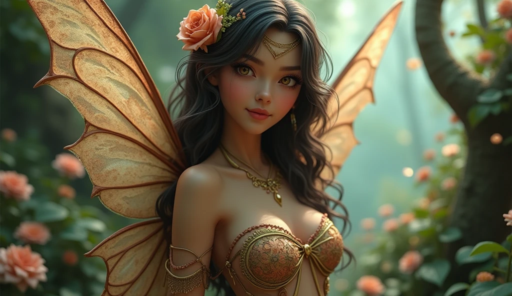 A cute brunette fairy with extremely detailed very big breasts in a magical world with extremely detailed photo realistic magical clothes