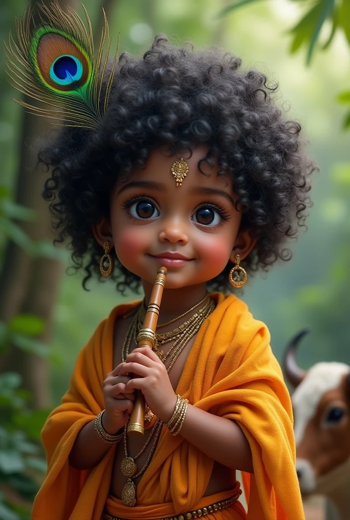 A  beautiful  black but cute curly soft  short hair peacock feather on hair tilak on forhead sweet killer smile black beautiful eyes jwelleries and a shawl and dhoti in jungle with flute in hand with a cow  no jwellery in head