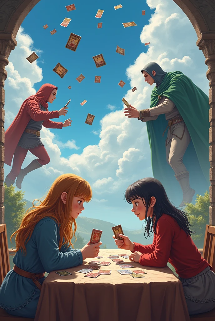 photorealistic:1.9, detailed photo, two girls play magic cards game on table, they summon two mages, (two mages fight in sky:1.9), many magic cards flying in sky, magic cards have comics on them, magic cards holding in all hands