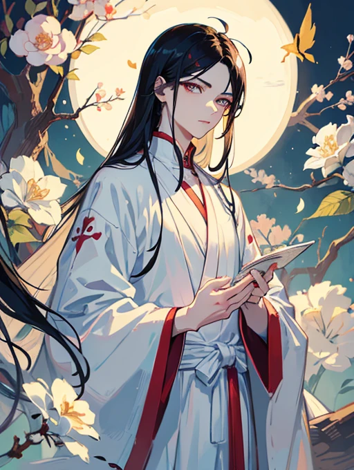 Chinese anime style, young man character looking at viewer, serious and delicate expression, androgynous young man, ojos claros masterpiece, long dark hair fluttering decorated with a hairpin, long flowing white robes, short man, small waist, cherry lips, serious and sad expression, beautiful pale skin, masterpiece, perfect details, detailed, Youthful appearance, Man holding white flowers, Chinese festival background, paper lantern decoration, striking young man, maximum quality, perfect fingers, perfect young man, heterocromia, long eyelashes, Drawing style inspired by Minoru