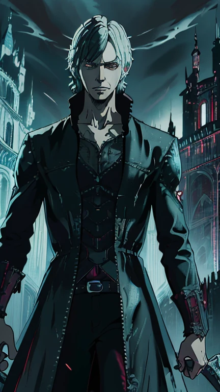 (1boy: DMC5V), (extremely detailed CG unit 8k wallpaper),(master part), (best quality), (ultra detail), (best illustration),(Oda Eiichirou style), cowboy shot, (Sharp eyeliner, ombre, detail eyes:1), Dracula Castle background, ,break , (vamptech), Upper body, 