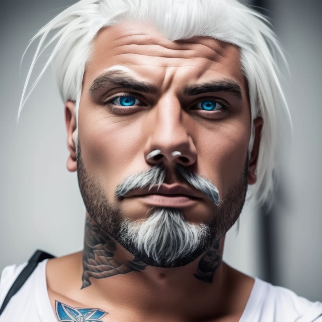 A character all tattooed pointing an AK 47 without a shirt and wearing white shorts, one blue eye and with a bad face but. Beautiful and white hair a low fead hair 
