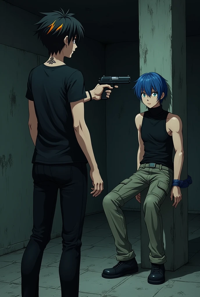 anime style. Black haired man with orange highlights and green eyes, He has a tattoo on his neck and wears a black shirt and black pants., He is standing straight pointing a gun at a blue haired man with blue eyes wearing a black turtleneck tank top and cargo pants. The blue-haired person is sitting tied to a column inside an abandoned house. It's dark. They are adults.