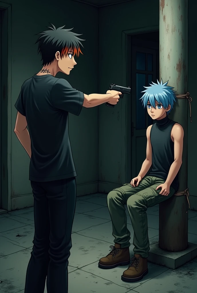 anime style. Black haired man with orange highlights and green eyes, He has a tattoo on his neck and wears a black shirt and black pants., He is standing straight pointing a gun at a blue haired man with blue eyes wearing a black turtleneck tank top and cargo pants. The blue-haired person is sitting tied to a column inside an abandoned house. It&#39;s dark. They are adults.