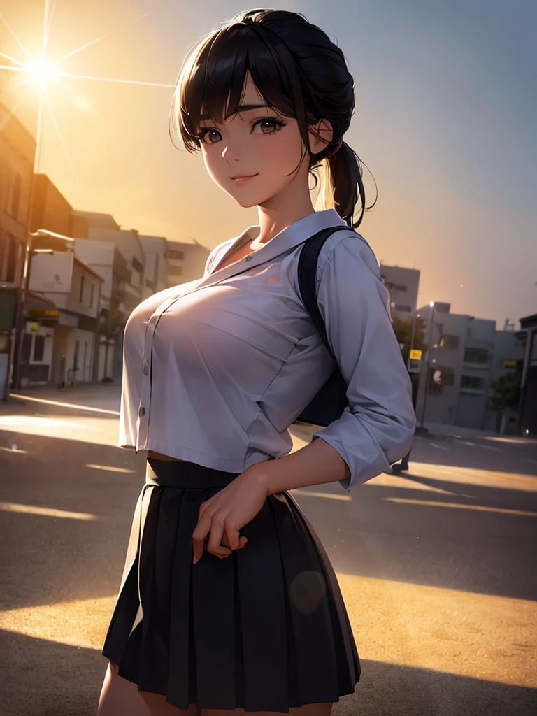 (highest quality,masterpiece:1.3,ultra high resolution),(Super detailed,caustics,8k),(photorealistic:1.4,RAW shooting),1 girl,(smile and look down at the camera),(front shot:1.1),(face forward),18-year-old,cute,Japanese,black short ponytail,school uniform,glamorous,(big boobs),( close up),(breast focus),street,sunshine,Natural light,(Backlight),(A bright light shines from behind),(Lens flare),professional writing,(cowboy shot),(low position:1.3),(Low - Angle:1.3)