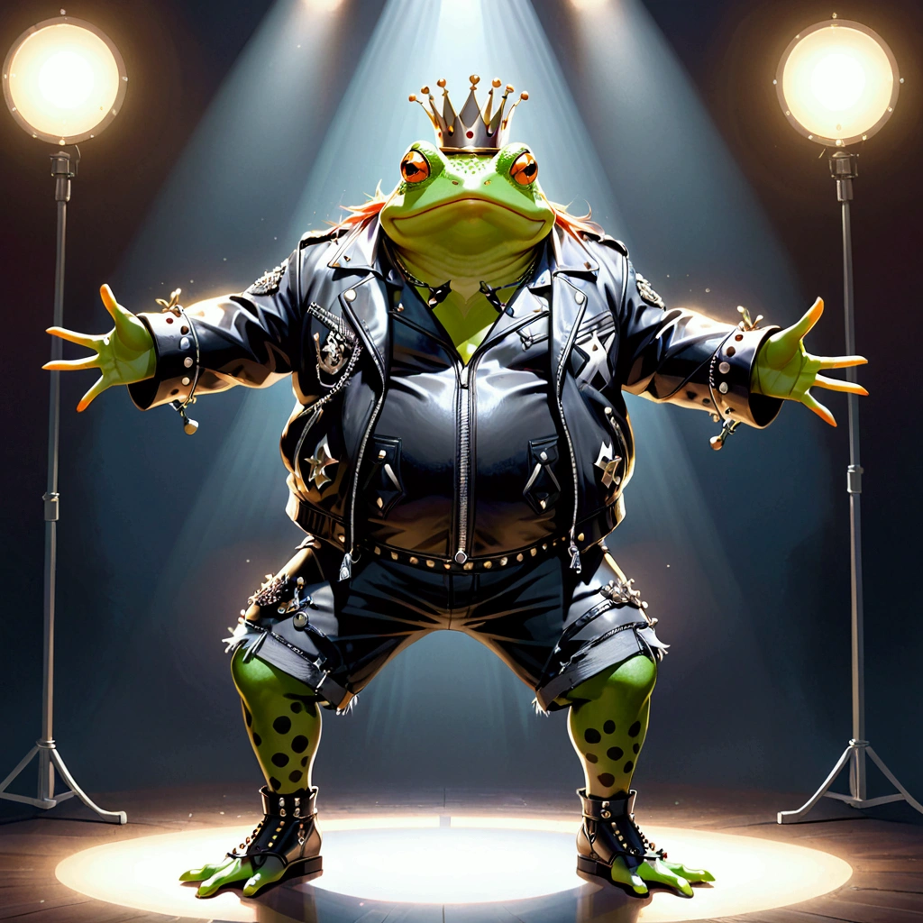 photorealistic portrait of Dressed animals - a ((fat) frog punk-rocker, (full body image:1.5), (dancing action pose:1.5), Wearing a tailored black leather jacket featuring intricate silver stud patterns reminiscent of sacred symbols, adorned in a modern punk-rock ensemble,, detailed and opulent description of modern punk-rock style, studio lighting, intricate ornate accessories, simple background