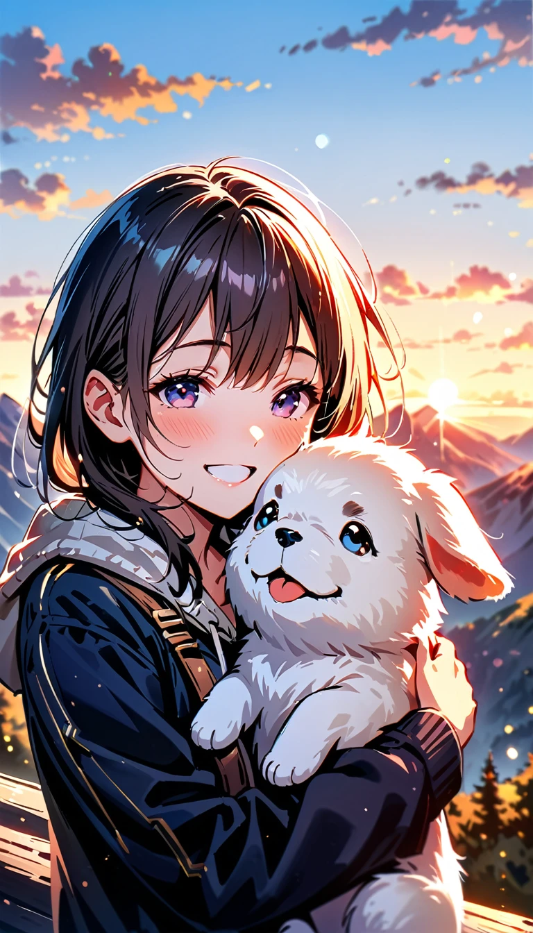 mountain top, cloud, girl, with a cute puppy, happy, perfect quality, (masterpiece: 1.2) (realistic: 1.2) (bokeh) (best quality) (sensitive skin: 1.3) (intricate details) (8k) (Detail Eyes) (clear focus),
