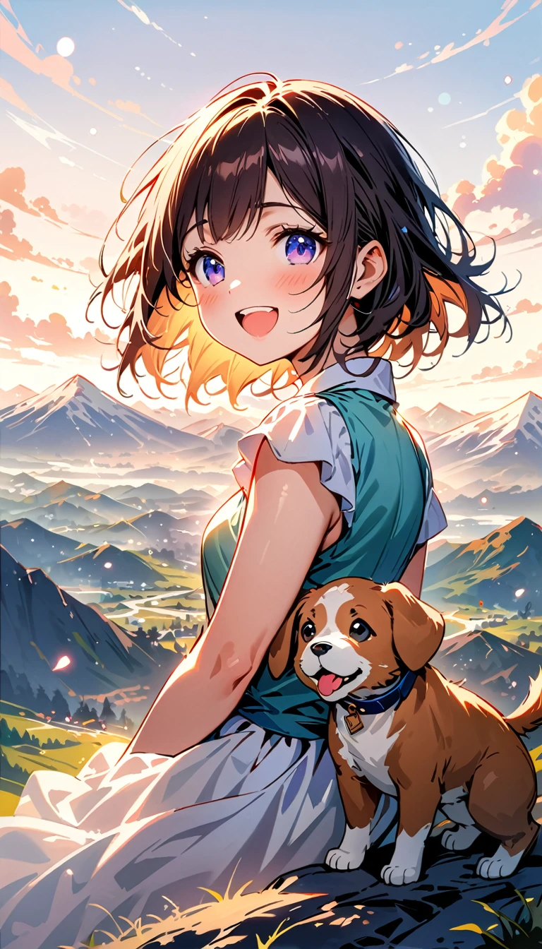 mountain top, cloud, girl, with a cute puppy, happy, perfect quality, (masterpiece: 1.2) (realistic: 1.2) (bokeh) (best quality) (sensitive skin: 1.3) (intricate details) (8k) (Detail Eyes) (clear focus),