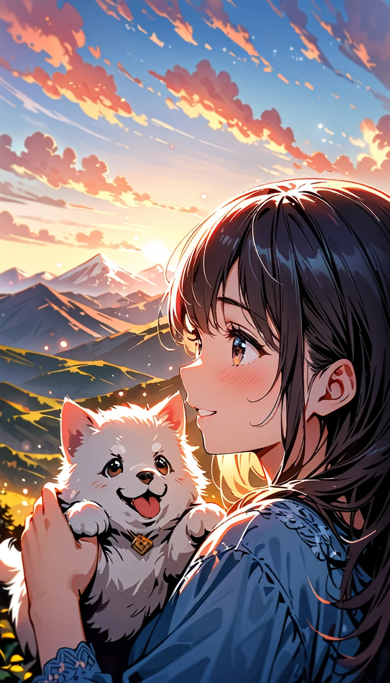 mountain top, cloud, girl, with a cute puppy, happy, perfect quality, (masterpiece: 1.2) (realistic: 1.2) (bokeh) (best quality) (sensitive skin: 1.3) (intricate details) (8k) (Detail Eyes) (clear focus),