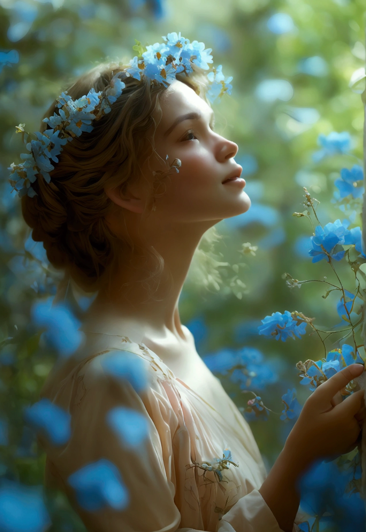 In a fragrant garden, the blind woman is standing with her arms outstretched, gently touching the petals of the flowers he finds, connecting with nature and sweet blue flowers.