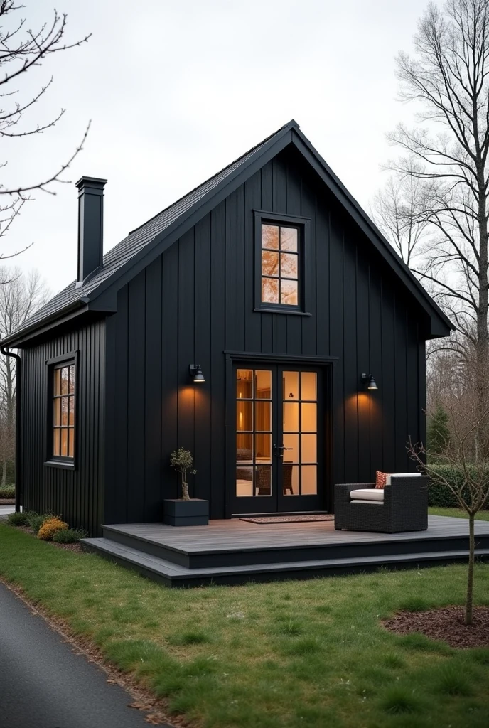 black single-storey house, Scandinavian style, 90 square meters, black windows