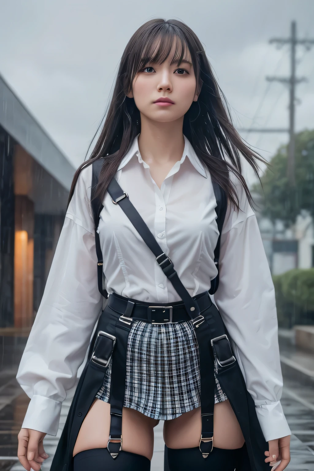 1 female, , high quality, masterpiece, Ultra-high resolution, Cinema Lighting, 1 female, , high quality, masterpiece, Ultra-high resolution, , Cinema Lighting, suspenders　　　Moderate breasts　 　 　　　　　 　　　　Small face　 　　　　　　　　　　　Looking up　　　　Sweat 　　　Thin belt　buzzer　脇Sweat 　　　　 　Garter belt　　Belt on pants　　holster　 　　Hands behind your back　 　Looking up　Anxious face　Knee-high　Knee socks　Knee-highソックス 　garter　ふとももにGarter belt　Checkered mini skirt　 　　Panty shot　Skirt gap Armament　　　holster　holster 　　Hands behind your back　 Anxious expression　　Anxious face, legs apart　Armament　　Leg holster　holster　See-through clothing　heavy rain　Rain-soaked dress shirt,
