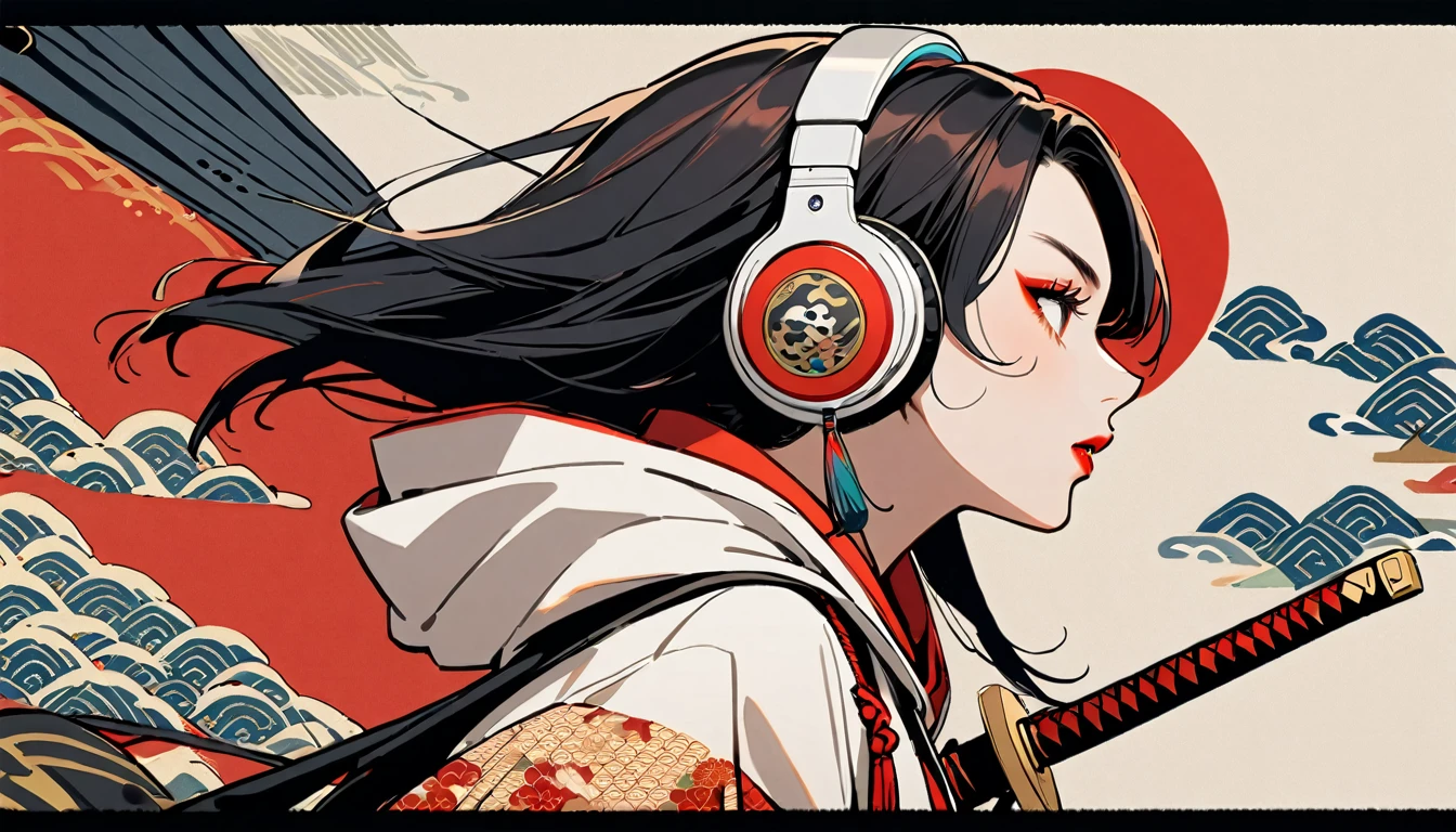 (((1 girl))), (((Flashy makeup))), (((Japanese style headphones))), (((Japanese pattern hoodie))), (((Japanese sword))), (((Female samurai))), Japanese beautiful girl, Black Hair, Delicate and precise, Modern ukiyo-e style, Japanese flag, red and blue neon