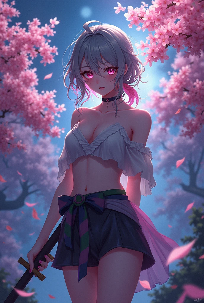 (((masterpiece))),(((Highest quality))),((Very detailed)),(figure),(Dynamic Angle), ((floating)),(paint),((Disheveled Hair)), (alone),(One girl), ((small_chest)), (((Detailed anima face))),((Beautifully detailed body)),collar,Exposing shoulders,(((Mysterious and shining eyes)))Gray Hair, ((Colorful Hair)),((Striped Hair)), Beautiful attention to detail,(Gradient color eyes),(((Colorful eyes))), (((background))),(((High saturation))),(((Surrounded by colorful splashes))),(((Standing in front of the cherry blossoms in the night scenery))),,((Holding a sword))