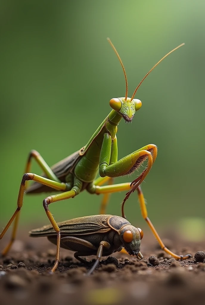 The mantis stalks the cicada, unaware of the sparrow behind