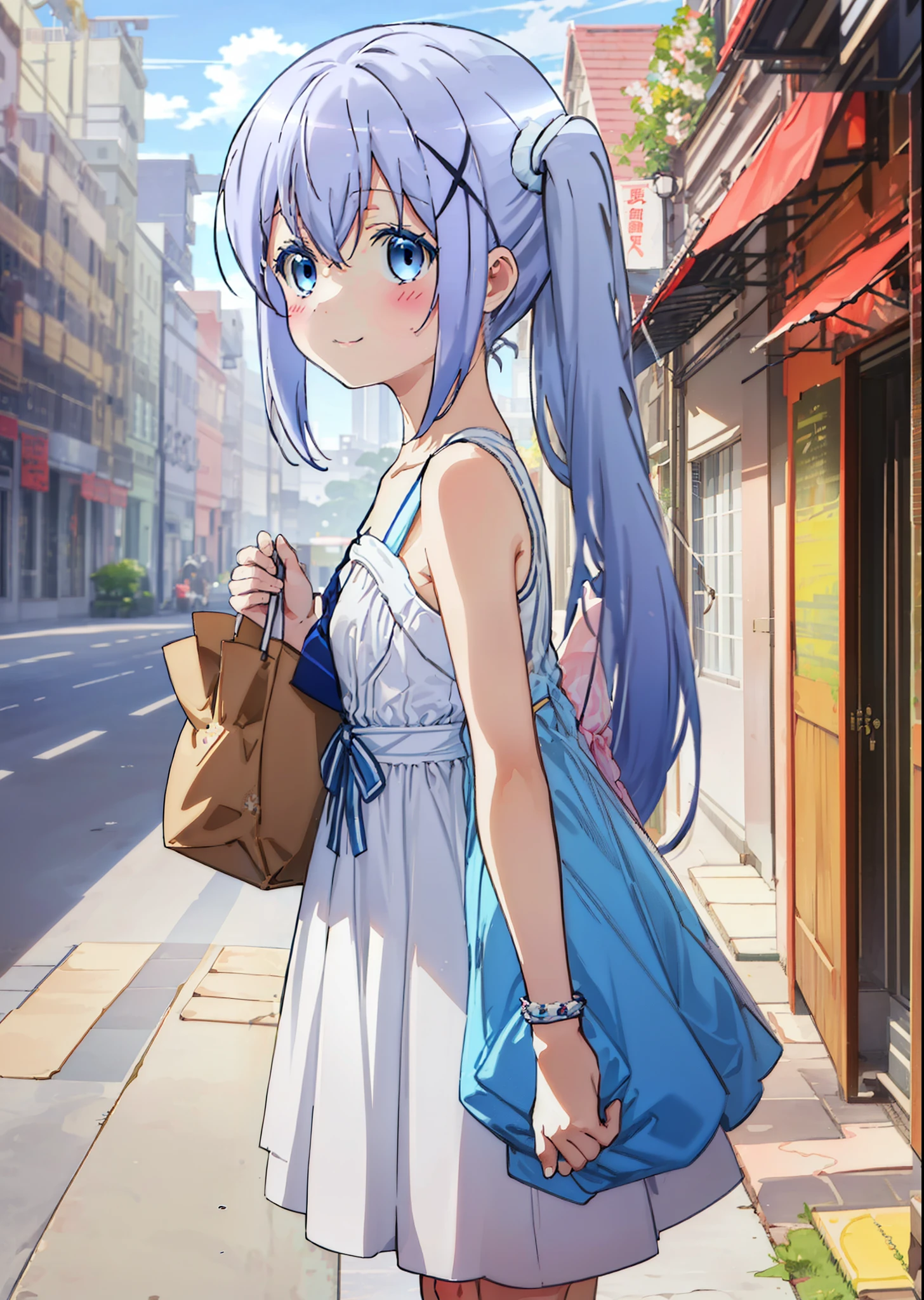 Chino Kafuu, very cute and beautiful girl,(highly detailed beautiful face and eyes),Check it out, long hair, bangs, blue hair, (blue eyes:1.2),Blue Tank Top,White long skirt,Heeled Sandals,Daytime,Clear skies,Palm tree,Walking,smile,Close your mouth,blush,whole bodyがイラストに入るように,
break outdoors, tropical,Tropical,Coastal Road,
break looking at viewer, whole body,
break (masterpiece:1.2), Highest quality, High resolution, unity 8k wallpaper, (figure:0.8), (Beautiful attention to detail:1.6), Highly detailed face, Perfect lighting, Highly detailed CG, (Perfect hands, Perfect Anatomy),