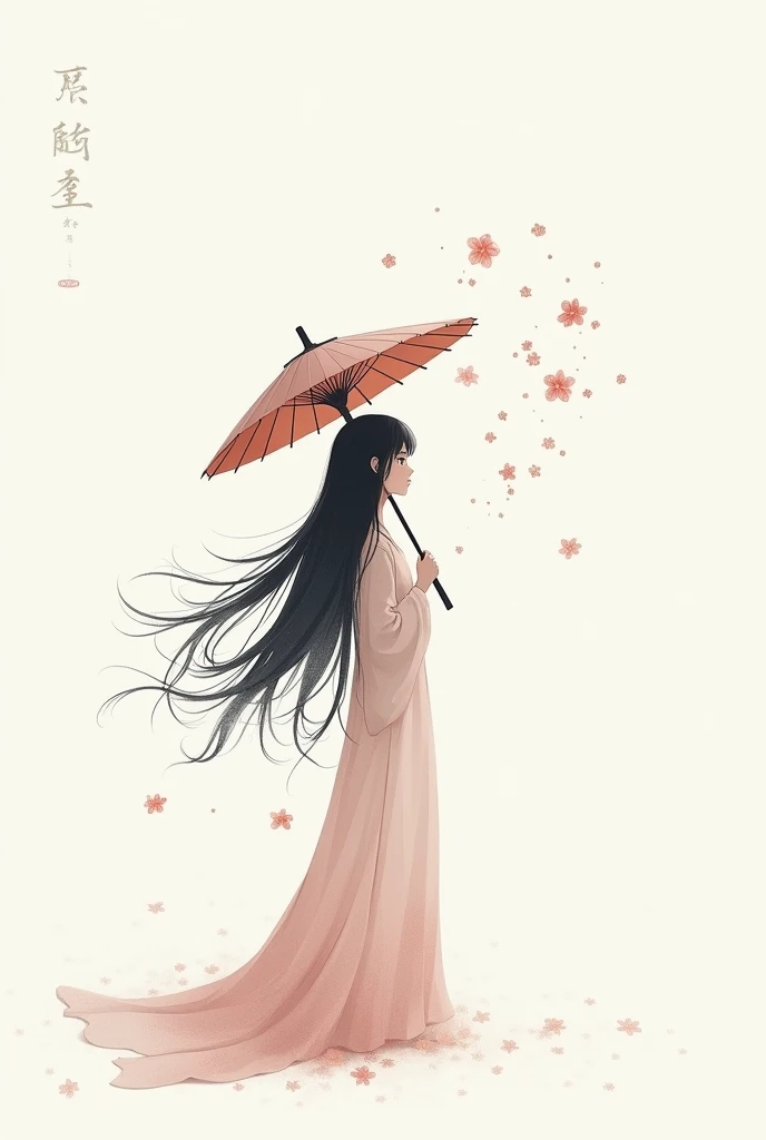 艺术Ink Painting，立体Ink Painting，Minimalism，Minimalism的图形，Minimal Art，Chinese anime girl，whole body，Chinese，，Ink Painting，Umbrella，Falling Flowers，Black long hair，Black and white background，古韵White space，White space，大面积White space，Textured Matte，Low saturation，Minimalism构图，Main Composition