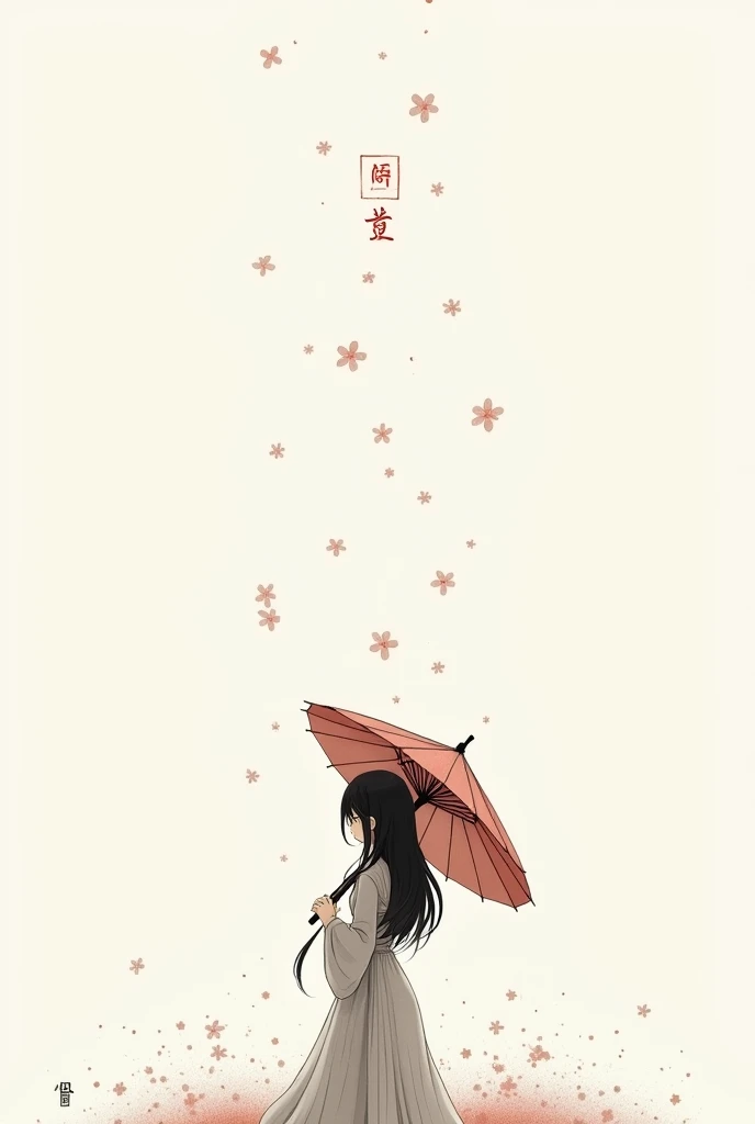 艺术Ink Painting,立体Ink Painting,Minimalism,Minimalism的图形,Minimal Art,Chinese anime girl,whole body,Chinese,,Ink Painting,Umbrella,Falling Flowers,Black long hair,Black and white background,古韵White space,White space,大面积White space,Textured Matte,Low saturation,Minimalism构图,Main Composition