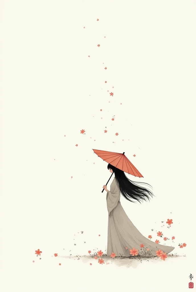 艺术Ink Painting，立体Ink Painting，Minimalism，Minimalism的图形，Minimal Art，Chinese anime girl，whole body，Chinese，，Ink Painting，Umbrella，Falling Flowers，Black long hair，Black and white background，古韵White space，White space，大面积White space，Textured Matte，Low saturation，Minimalism构图，Main Composition