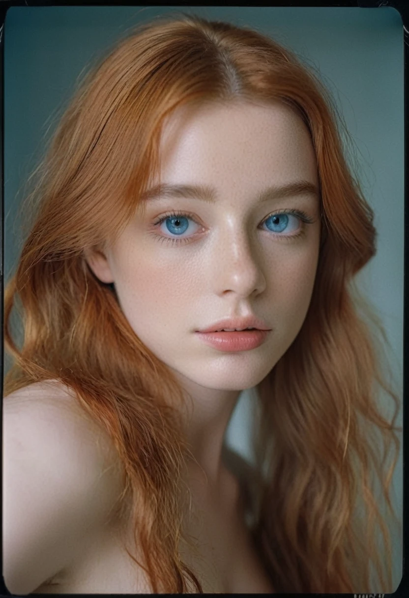 photoshoot, photo studio, RAW photo, editorial photograph, film stock photograph, cinematic, posing, amateur photo, face portrait, analog, raw, f2, 35mm, an (amateur photo), flash photography, taken on an old camera, polaroid, 8k, highly detailed, (high quality, best quality:1.3), Extremely high-resolution, film grain, very long hair, picture of a beautiful young woman, NOT dasha_taran, sfw, ((natural orange hair)), long (waist-length:1.2) combed red hair, ((macro lens)), natural, ((focused on eyes)), blue eyes, ultradetailed realistic eyes, feminine expressions, photography, dslr, 35mm, Fujifilm Superia Premium 400, Nikon D850 film stock photograph, Kodak Portra 400 f1.6 lens, 8k, UHD, european woman, realistic skin, skin pores, (whole head, do not crop head), whole head is visible, detailed background