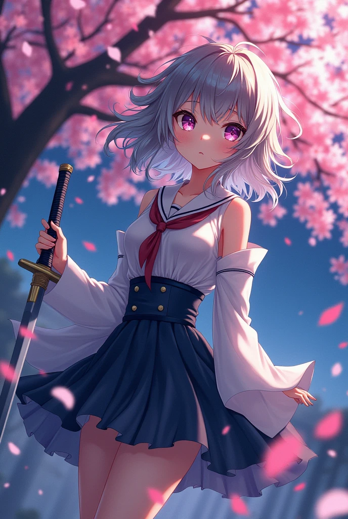 (((masterpiece))),(((Highest quality))),((Very detailed)),(figure),(Dynamic Angle), ((floating)),(paint),((Disheveled Hair)), (alone),(One girl), ((small_chest)), (((Detailed anima face))),((Beautifully detailed body)),collar,Exposing shoulders,(((Mysterious and shining eyes)))Gray Hair, ((Colorful Hair)),((Striped Hair)), Beautiful attention to detail,(Gradient color eyes),(((Colorful eyes))), (((background))),(((High saturation))),(((Surrounded by colorful splashes))),(((Standing in front of the cherry blossoms in the night scenery))),,((Holding a sword))