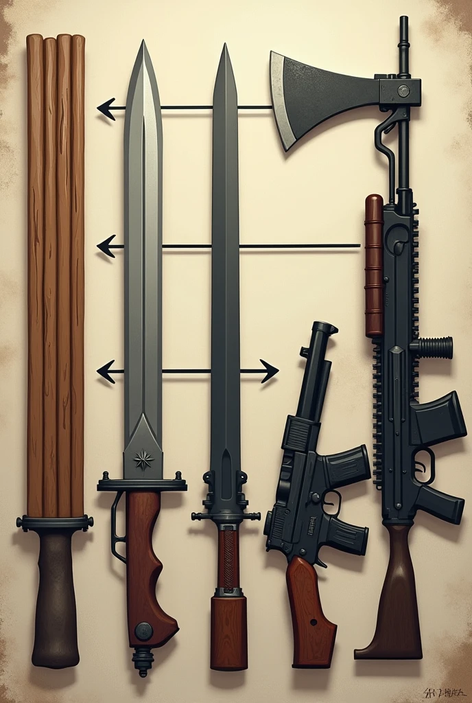 There are 5 weapons here,From left to right: wooden sticks,stone sword,Iron Axe,pistol,machine gun,They are laid out flat on the table,There is a game arrow pointing right between every two weapons.,Game Art,Game Icon Assets, Official ink art, Propaganda Art, game illustration
