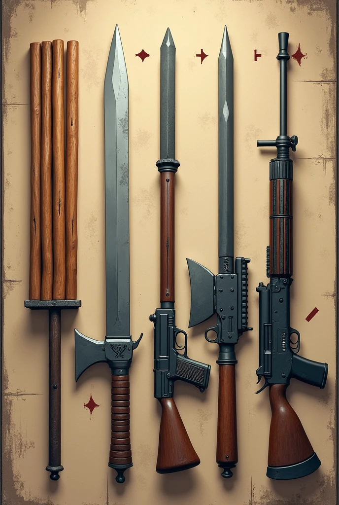 There are 5 weapons here,From left to right: wooden sticks,stone sword,Iron Axe,pistol,machine gun,They are laid out flat on the table,There is a game arrow pointing right between every two weapons.,Game Art,Game Icon Assets, Official ink art, Propaganda Art, game illustration
