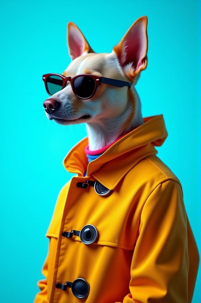 The best cell phone wallpaper, Award-Winning Wallpaper, portrait photography, In the front view is a portrait of a cute dog wearing mid-1960s space age fashion, Side view photo, Shot with Canon EOS R5, Set a strong contrast that accentuates the subject, Fluorescent blue tone, Wearing a very modern coat and sunglasses is a modern 1960s style, Clothes all in one color, beautiful background