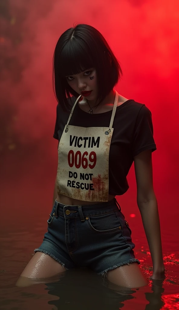 woman, bib "VICTIM 0069 DO NOT RESCUE", denim cut-off skirt, nylon stockings, sport compression t-shirt, stuck in mud bog,pale ethnic patterns ritual makeup, cold, red lips, sexy posing, bob haircut, red fog, posing, dynamic, sexy despair
