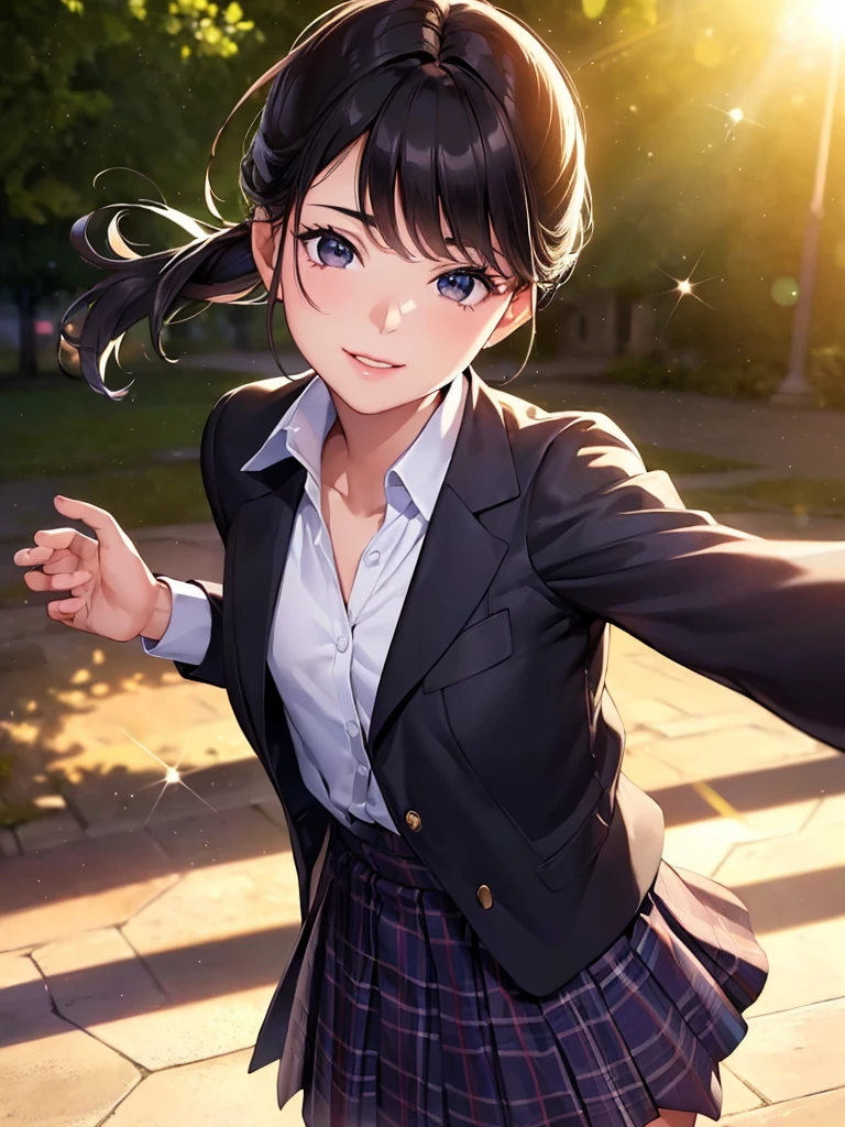 (highest quality,masterpiece:1.3,ultra high resolution),(Super detailed,caustics,8k),(photorealistic:1.4,RAW shooting),1 girl,(smile and look down at the camera),(front shot:1.1),(face forward),18-year-old,cute,Japanese,black short ponytail,school uniform,glamorous,(flat chest),( close up),(breast focus),street,sunshine,Natural light,(Backlight),(A bright light shines from behind),(Lens flare),professional writing,(cowboy shot),(low position:1.3),(Low - Angle:1.3)